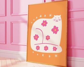 Cat Print | Digital Art Download | Pink Orange Cat Wall Decor | Funky Kitten Wall Art | Cat Lover Print | Retro Wall Art