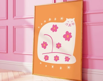 Cat Print | Digital Art Download | Pink Orange Cat Wall Decor | Funky Kitten Wall Art | Cat Lover Print | Retro Wall Art