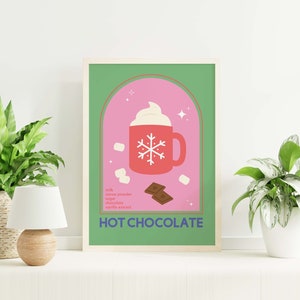 Heiße Schokolade Poster | Digitale Kunst Download | Niedliche rosa grüne Weihnachtscocktailkunst | Weinachtsbar Dekor