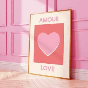 Amour Love Print | Digital Art Download | Pink and Red Heart Printable Wall Art | Cute Trendy Wall Art