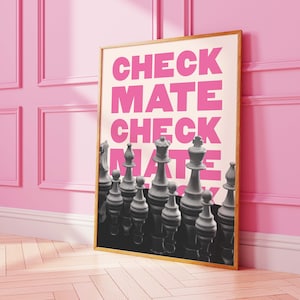Checkmate Chess Print | Digital Art Download | Trendy Chess Wall Art | Pink and Black Retro Printable Art | Cute Trendy Wall Art