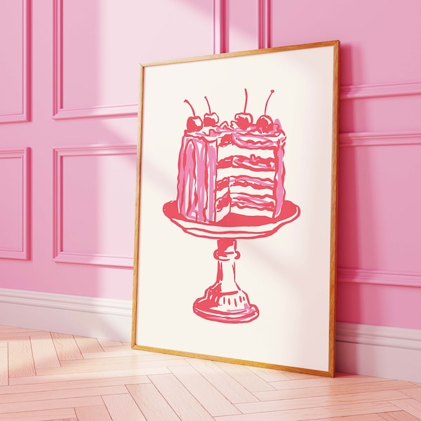 Cake Print | Digital Art Download | Valentine's Day Decor | Pink Wall Art | Trendy Valentine's Printable | Cute Romantic Art