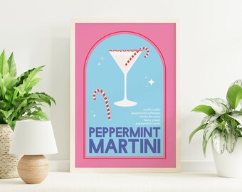 Peppermint Martini Cocktail Print | Digital Art Download | Cute Pink Christmas Cocktail Art | Christmas Bar Cart Decor
