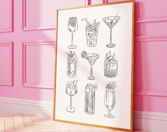 Cocktail Sketch Print | Digital Art Download | Cute Neutral Bar Car Print | Neutral Cocktail Bar Printable Art | Trendy Kitchen Wall Art