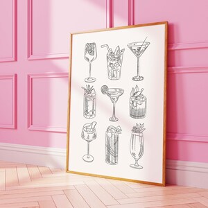 Cocktail-Skizze Druck | Digitale Kunst Download | Netter neutraler Barwagen-Druck | Neutral Cocktail Bar druckbare Kunst | Trendige Küchenwandkunst