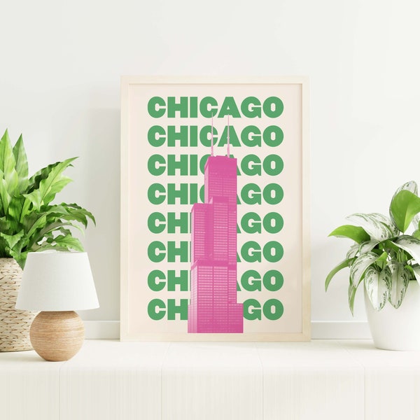 Chicago Travel Print | Digital Art Download | Pink Green Chicago Willis Tower Art | Trendy Travel Exhibition Print | Cute Retro Wall Art