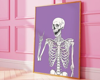 Skelett Druck | Digitale Kunst Download | Niedliche lila Halloween-Wand-Dekor | Trendige Halloween Wandkunst | Gruseliges Poster Poster