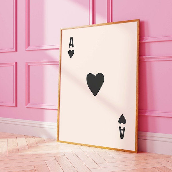 Ace of Hearts Print | Digital Art Download | Cute Black Card Print | Retro Wall Art | Trendy Playing Card Art