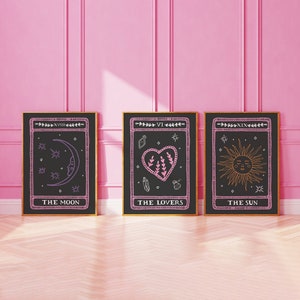 Set of 3 Tarot Card Prints | Digital Art Download | Cute Magic Tarot Card Wall Art | Black Trendy Halloween Wall Art | Witchy Wall Art