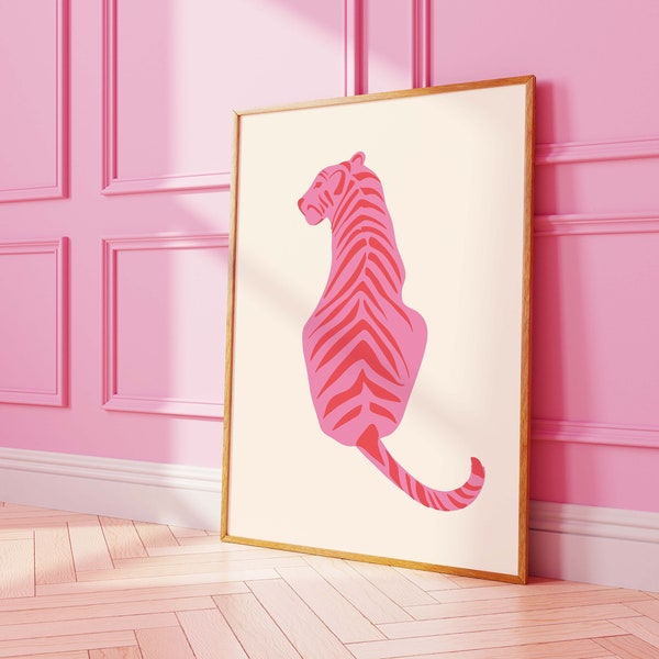Tiger Print | Digital Art Download | Cute Pink Red Animal Print | Retro Wall Art | Trendy Maximalist Wall Art | College Dorm Decor