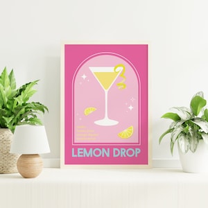 Lemon Drop Martini Cocktail Druck | Digitale Kunst Download | Niedliche Rosa Cocktail-Bar druckbare Kunst | Küchen Wandkunst