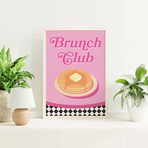 Brunch Club Print | Digital Art Download | Pink Kitchen Food Decor | Retro Breakfast Art Poster | Pancakes Wall Art | Cute Trendy Wall Art
