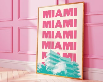 Miami Travel Print | Digital Art Download | Pink Green Miami Beach Travel Exhibition Print | Cute Trendy Wall Art