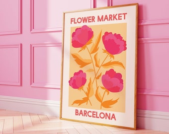 Blumenmarkt Barcelona Druck | Digitale Kunst Download | Rosa Orange Blumen druckbare Wandkunst | Niedliche Trendy Wandkunst