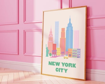 Impresión de viaje de la ciudad de Nueva York / Descarga de arte digital / Impresión de la exposición Pink NYC Skyline / Lindo arte de pared de moda