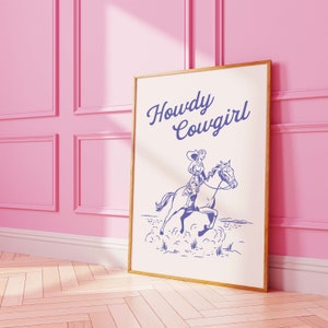Howdy Cowgirl Print | Digital Art Download | Retro Blue Wall Art | Country Western Art Print | Trendy Retro Wall Art