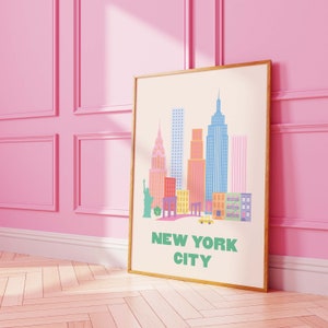 Impression de voyage de New York City | Téléchargement d'art numérique | Impression d'exposition Pink NYC Skyline | Art mural tendance mignon