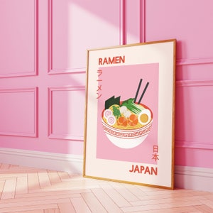 Impression de ramen, téléchargement d'art numérique, décoration de cuisine rose, affiche d'art ramen japonais rétro, art mural mignon et tendance