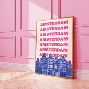 Amsterdam Reise-Druck | Digitale Kunst Download | Rosa Blau Amsterdam Reise Ausstellungsdruck | Niedliche trendige Wandkunst