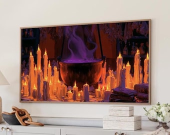 Halloween Frame TV Art, Moody Witch Cauldron Candles Screen Display, Spooky Halloween Decor, Digital Download