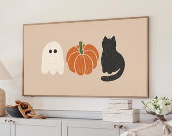 Halloween Frame TV Art, Cute Ghost Pumpkin Black Cat Screen Display, Spooky Halloween Decor, Digital Download