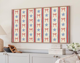 4th of July Frame TV Art, Stars Bows Stripe Design, Coquette Patriotic Display, Digital Download