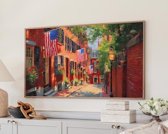 4th of July Frame TV Art, Boston Street Painting, Patriotic Americana Display, Digital Download