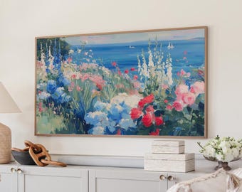 4th of July Frame TV Art, Patriotic Floral Coastal Painting, Summer Display, Digital Download