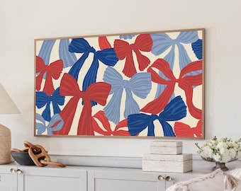 4th of July Frame TV Art, Patriotic Bows Pattern, Coquette Summer Display, Digital Download
