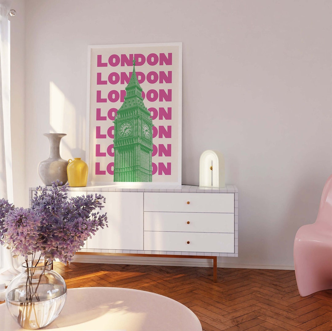 London Travel Print Digital Art Download Pink Green London England Big ...