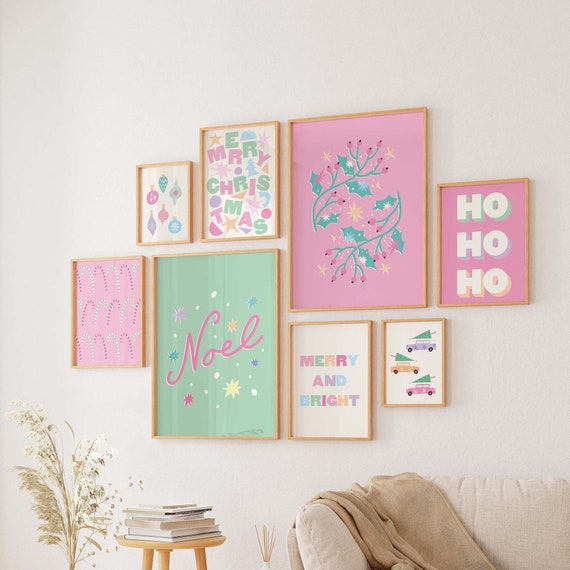 Pastel Christmas Gallery Wall | Digital Art Download | 10 Printables | Trendy Pink Christmas Prints | Cute Pastel Holiday Wall Decorations