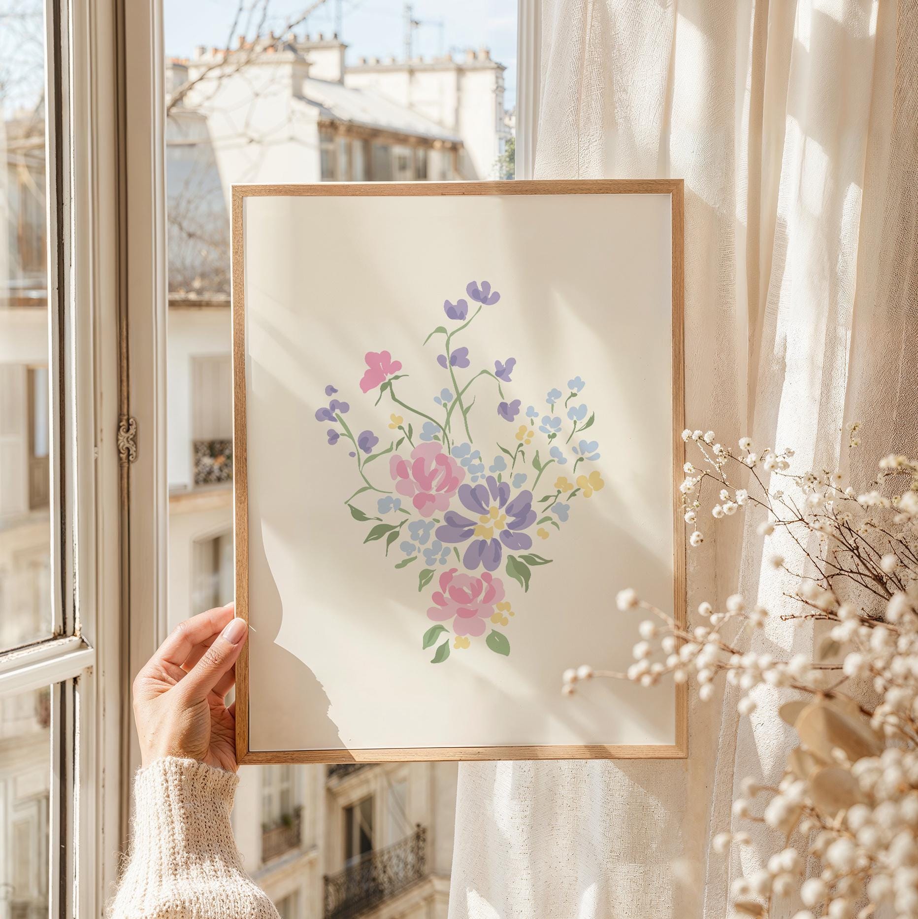 Spring Floral Bouquet Print, Digital Art Download, Cottage Printable Wall Art, Grandmillennial Floral Art Print, Cute Trendy Wall Art