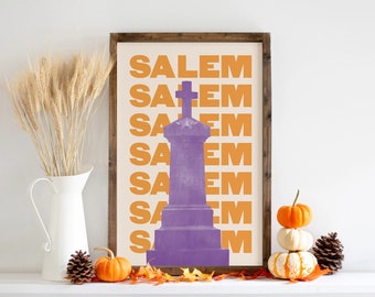 Salem Graveyard Print | Digital Art Download | Orange Purple Tombstone Wall Art | Autumn Wall Decor