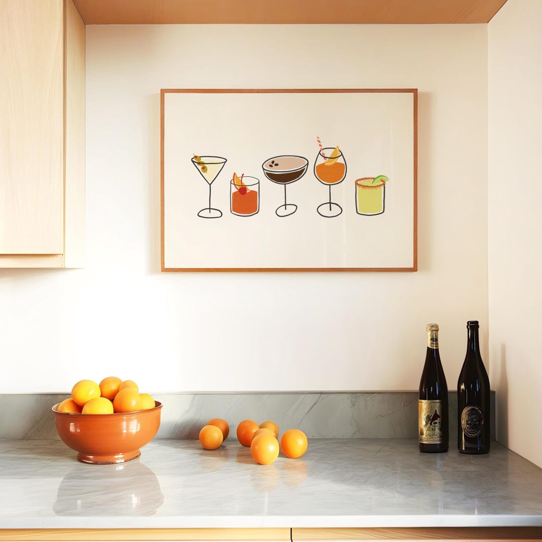 printable kitchen prints wall art, set of 6, hand... Cocktail Wall Art Print, Hand Drawn Drink Illustration, Colorful ...