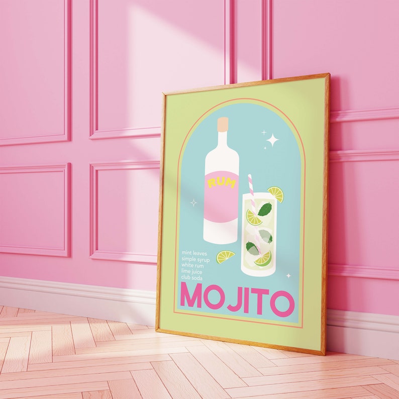 Mojito Cocktail Print / Descarga de arte digital / Lindo rosa verde Mojito Cocktail Bar Arte imprimible / Arte de pared de cocina imagen 7