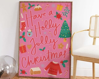 Pink Christmas Print | Digital Art Download | Colorful Christmas Decor | Cute Holiday Illustrations Wall Art