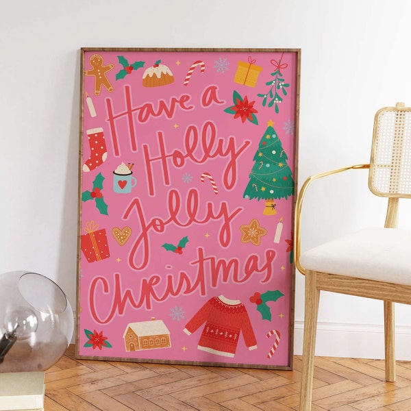 Pink Christmas Print | Digital Art Download | Colorful Christmas Decor | Cute Holiday Illustrations Wall Art