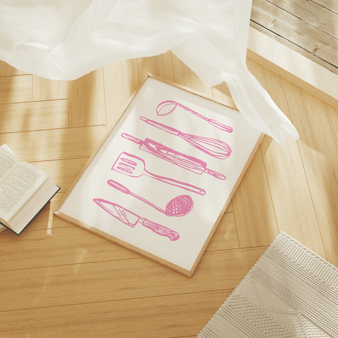 kitchen art personalized prints - utensils, cups,... Kitchen Utensils Print, Digital Art Download, Pink Kitchen Decor ...