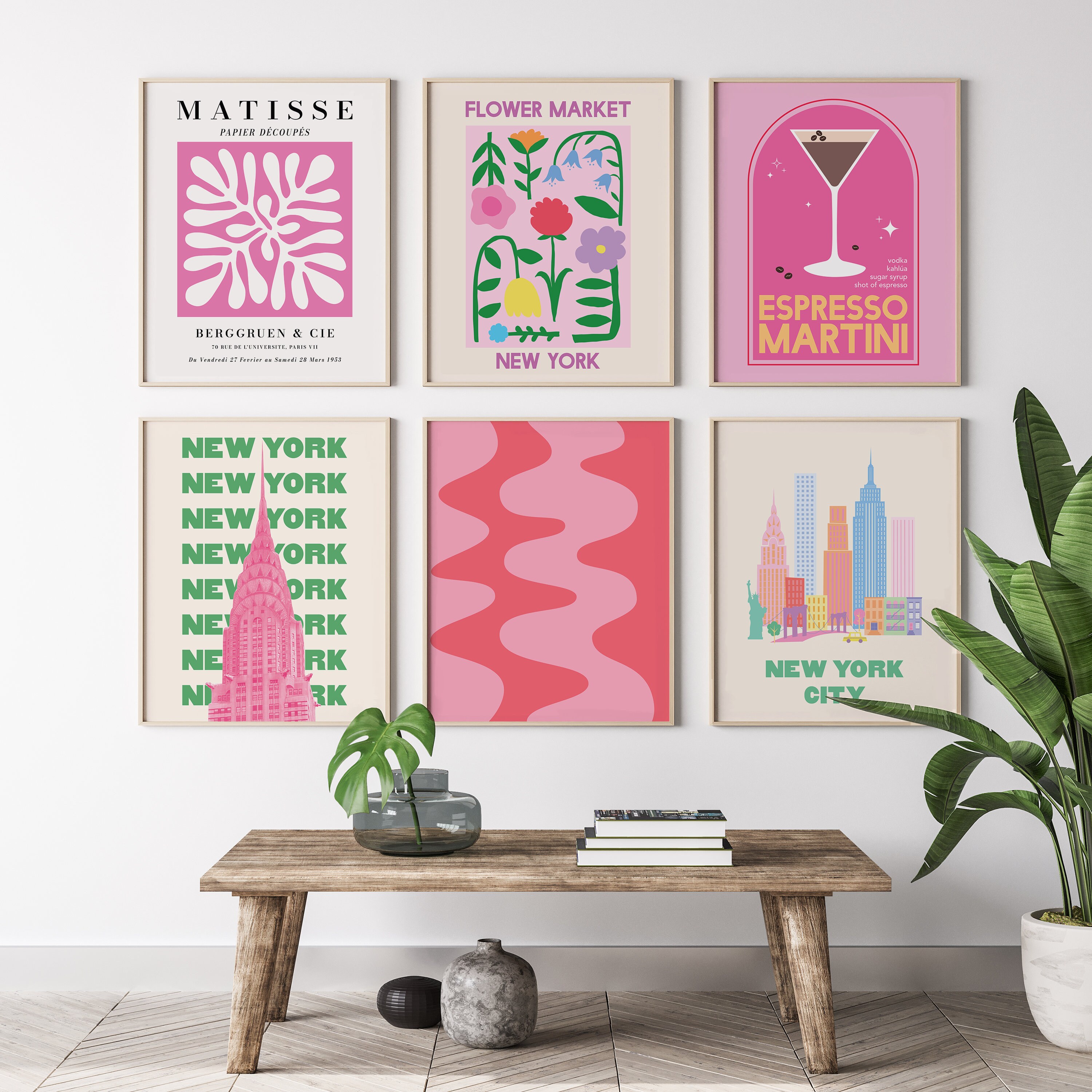 Set of 6 Pink Print Gallery Wall | Digital Art Download | Pink Green ...