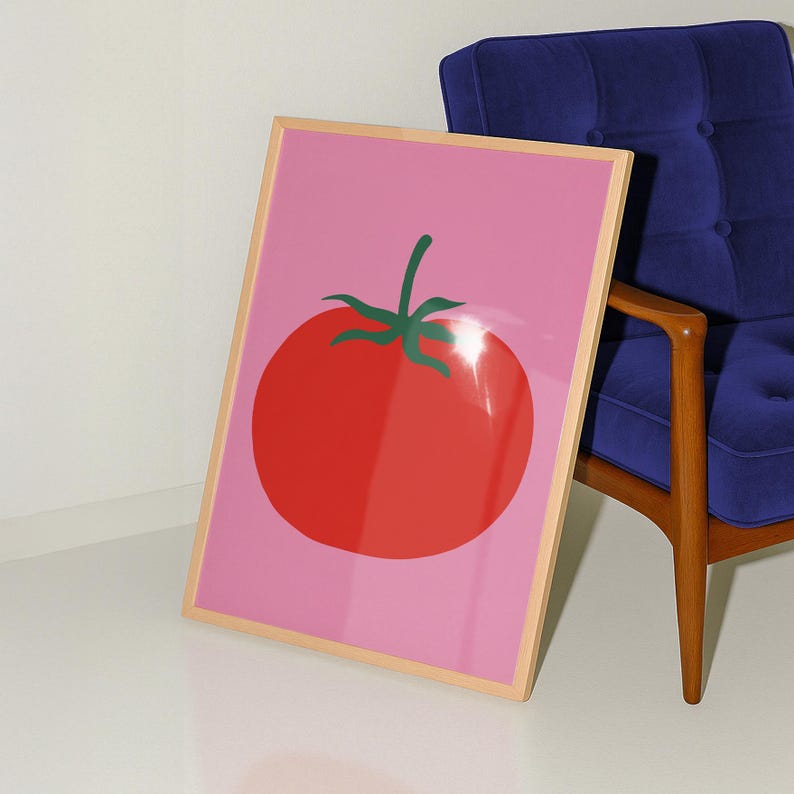 Tomatenprint, gewaagde rode keukenposter, minimale grafische voedselkunst, roze dopamine-decor, digitale download afbeelding 10