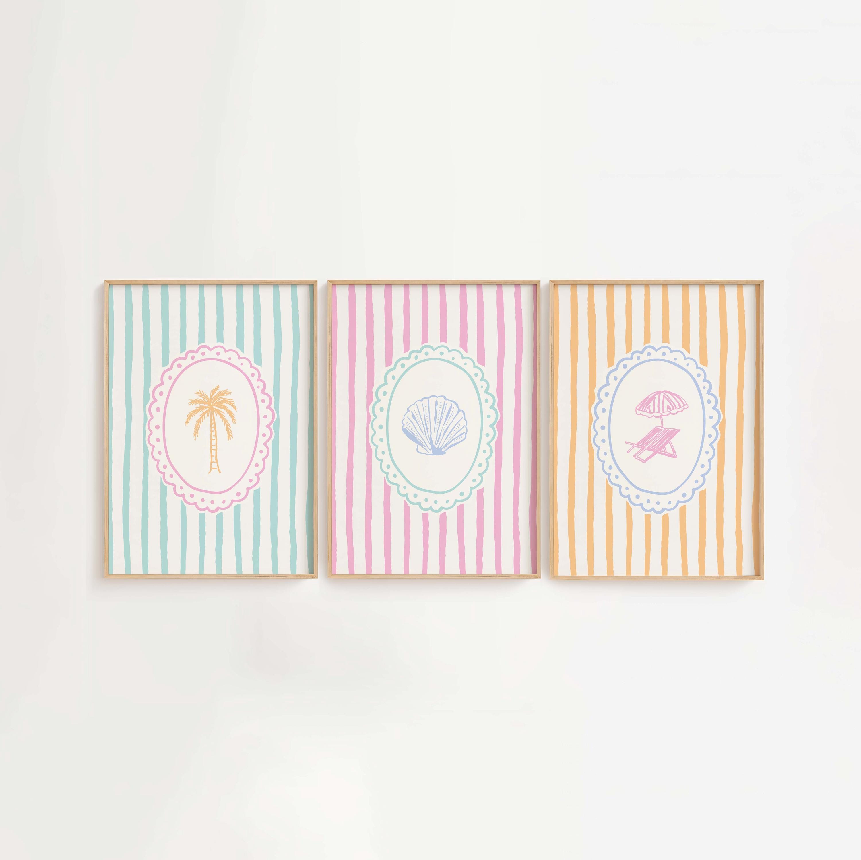 Striped Beach Prints, Digital Art Download, 3 Prints, Cute Summer Art Print, Coastal Wall Art, Trendy Beach House Decor, Vintage Beach Art