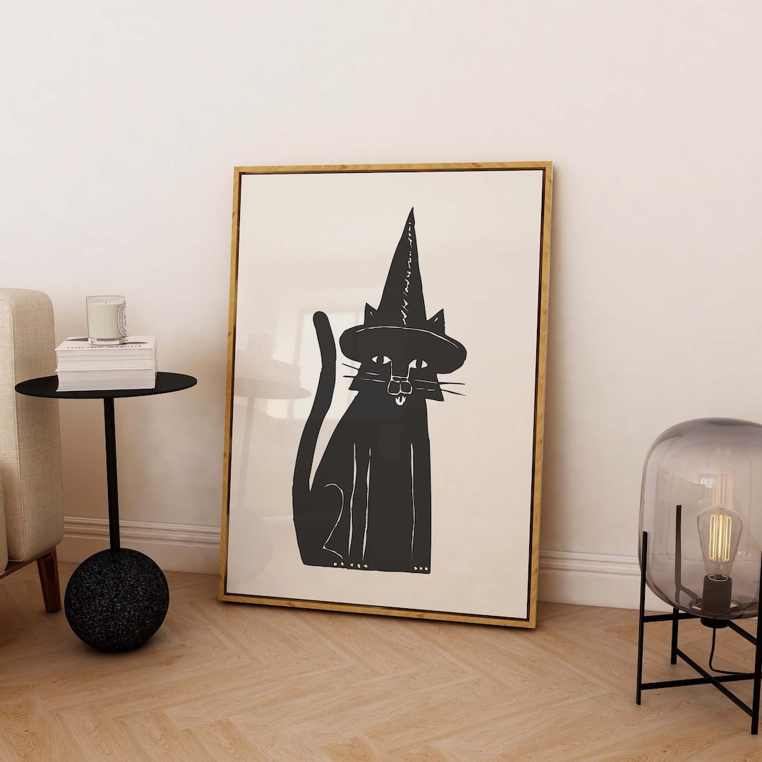 Black Cat Print | Digital Art Download | Spooky Halloween Wall Decor ...