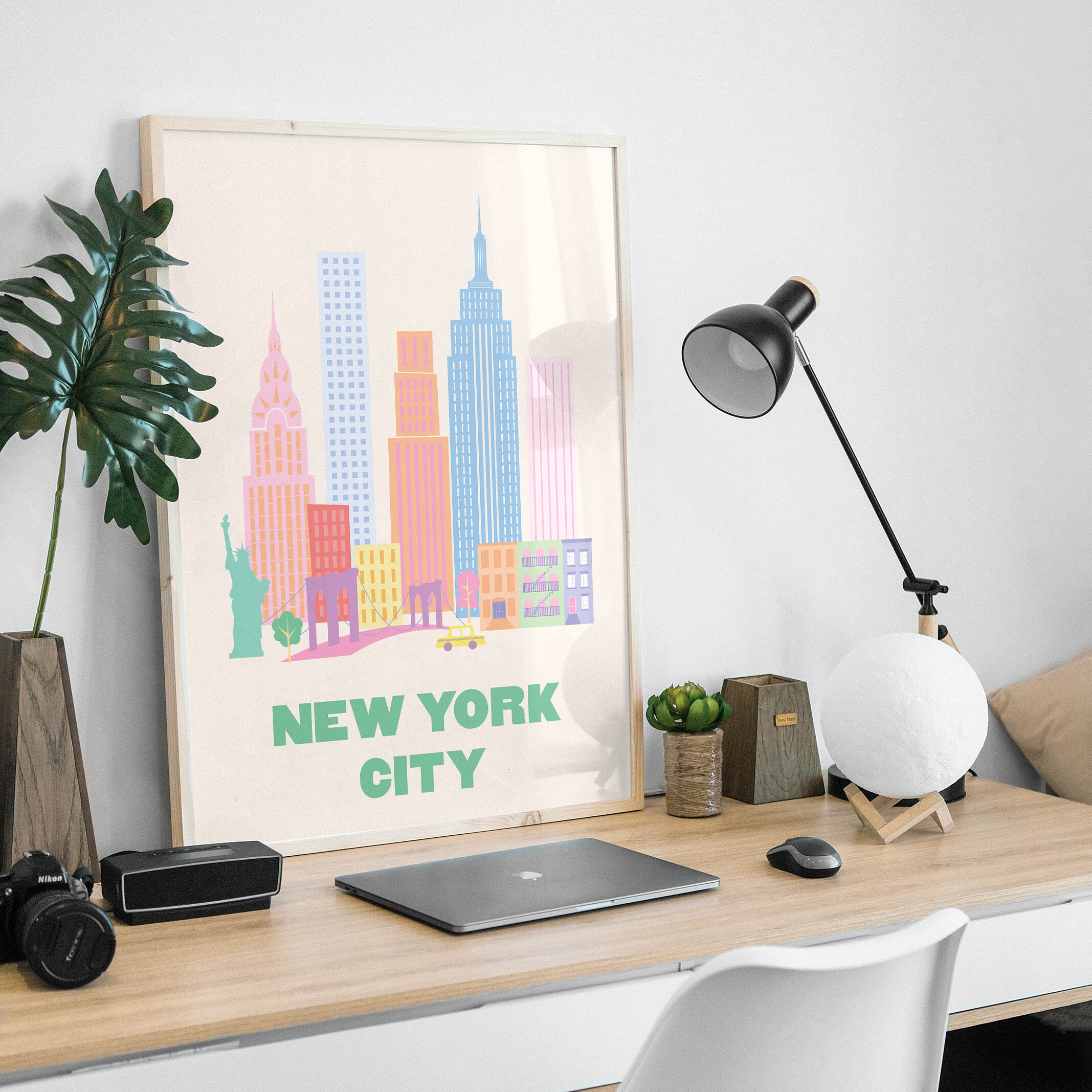 Discover New York City Travel Print |  Pink NYC Skyline Exhibition Poster