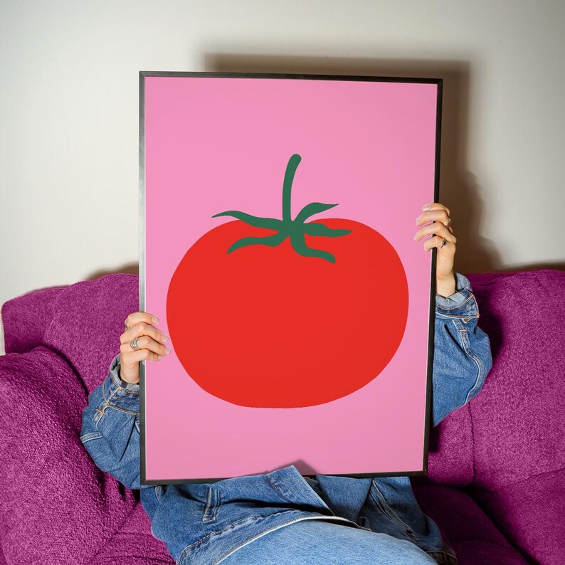 Tomatenprint, gewaagde rode keukenposter, minimale grafische voedselkunst, roze dopamine-decor, digitale download afbeelding 11