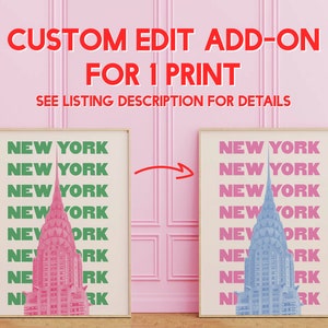 May include: Two framed prints of the Chrysler Building in New York City. The print on the left has a pink building with green text. The print on the right has a blue building with pink text. Both prints have the text "NEW YORK" repeated multiple times.