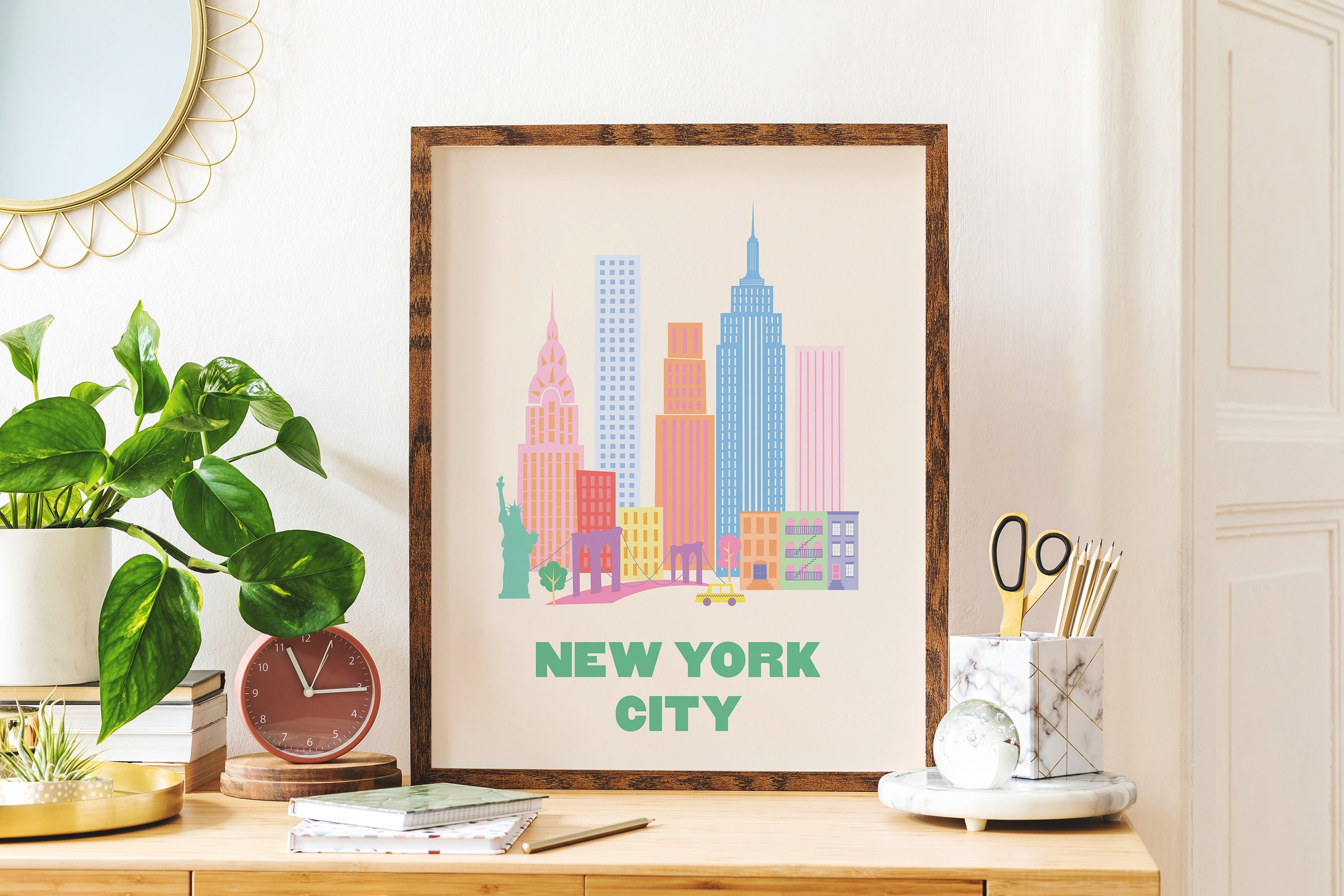 Discover New York City Travel Print |  Pink NYC Skyline Exhibition Poster