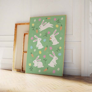 May include: A green background with white bunnies, carrots, and colorful Easter eggs. The bunnies are holding carrots and some are jumping.