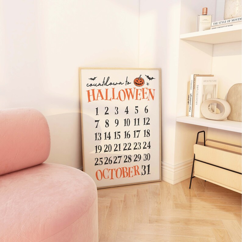 May include: A printable Halloween countdown poster with a pumpkin and bats. The poster features the numbers 1 through 30 and the text "countdown to HALLOWEEN" and "OCTOBER 31".