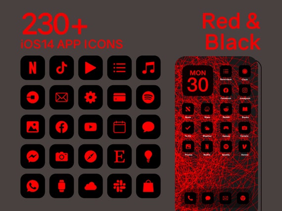 Ios Black Red App Icons 230 Red On Black Minimal Ios 14 Etsy