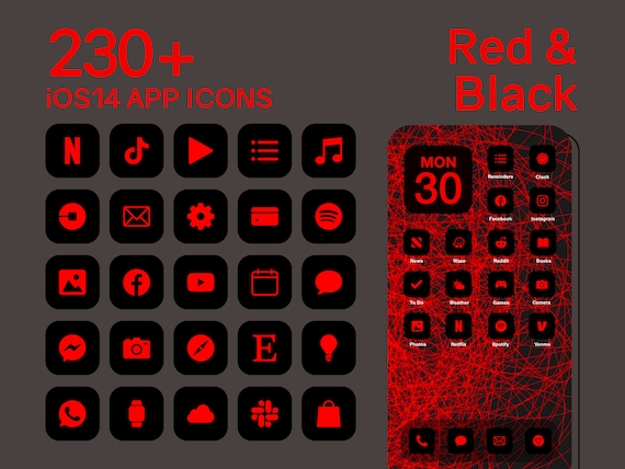 Ios Black Red App Icons 230 Red On Black Minimal Ios 14 Etsy